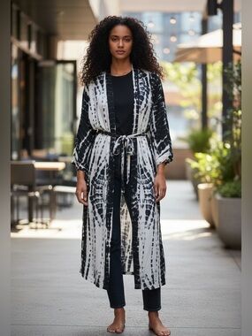 Elan Navy Blue & White Tie-Dye Kimono Robe with Waist Tie